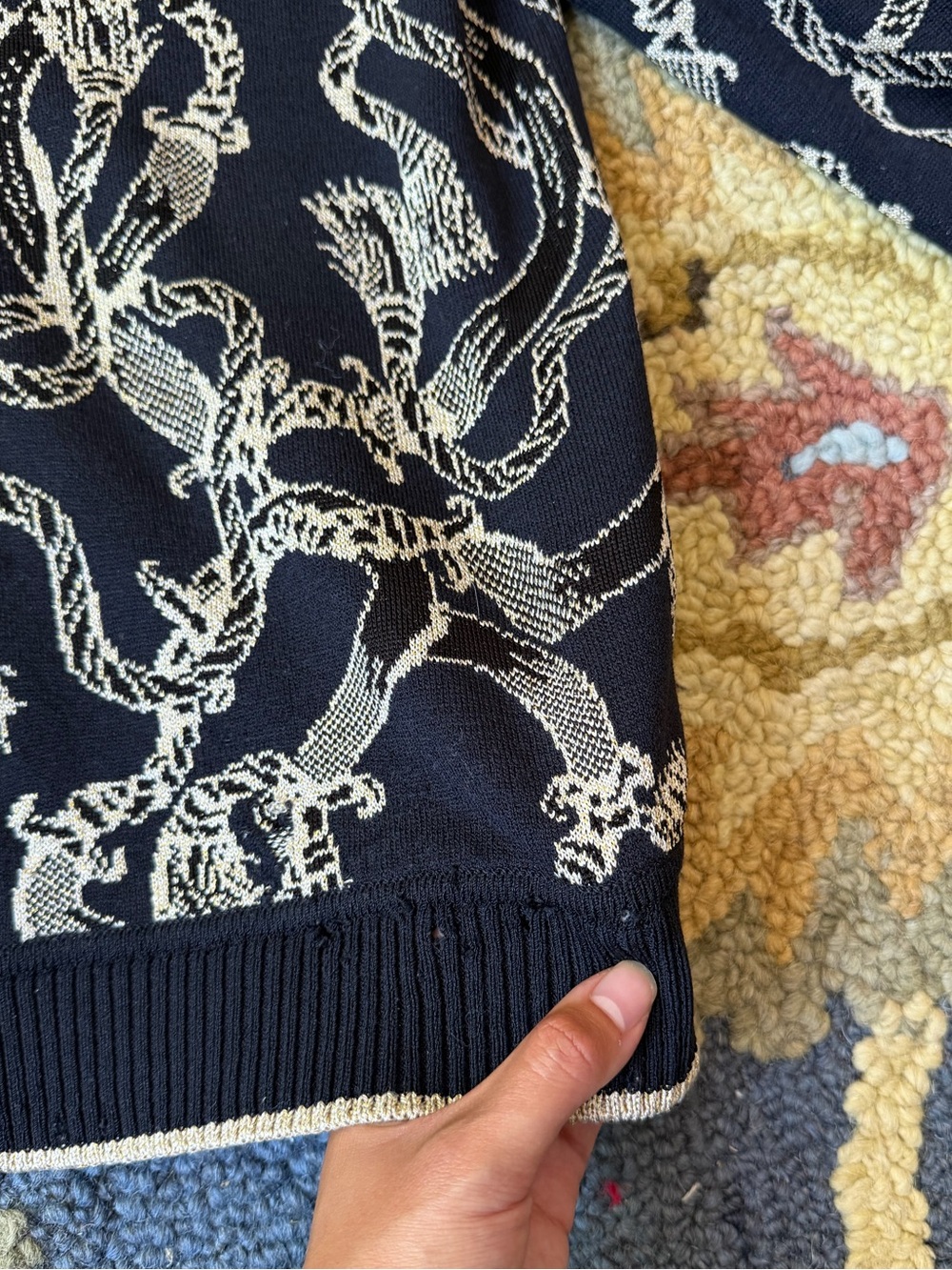 St. John Sport Knit Cardigan Black + Gold Metallic Chain Pattern SZ Small FLAWED - Picture 5 of 9